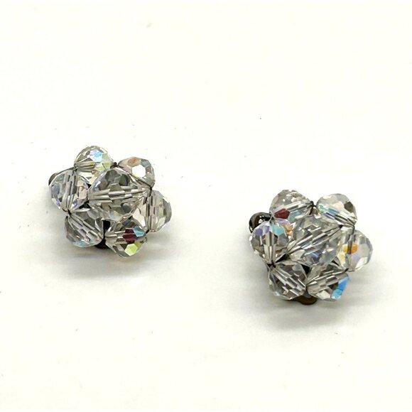 Estate Jewelry - Aurora Borealis Crystal Cluster Clip-On Earrings Vintage Retro Fashion Classic